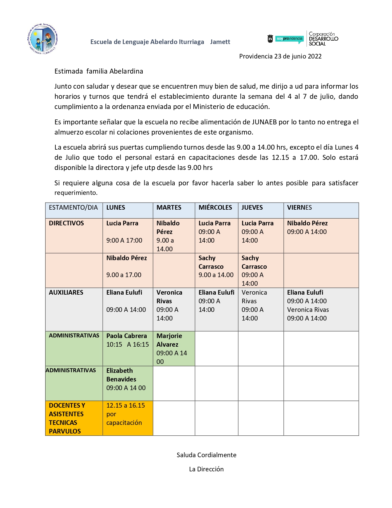 COMUNICADO A LAS FAMILIAS
